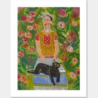 Frida Kahlo and Her Black Cat among Roses Posters and Art